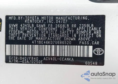 2007 Toyota Camry Le from USA, damaged, VIN 4T1BE46K07U686520